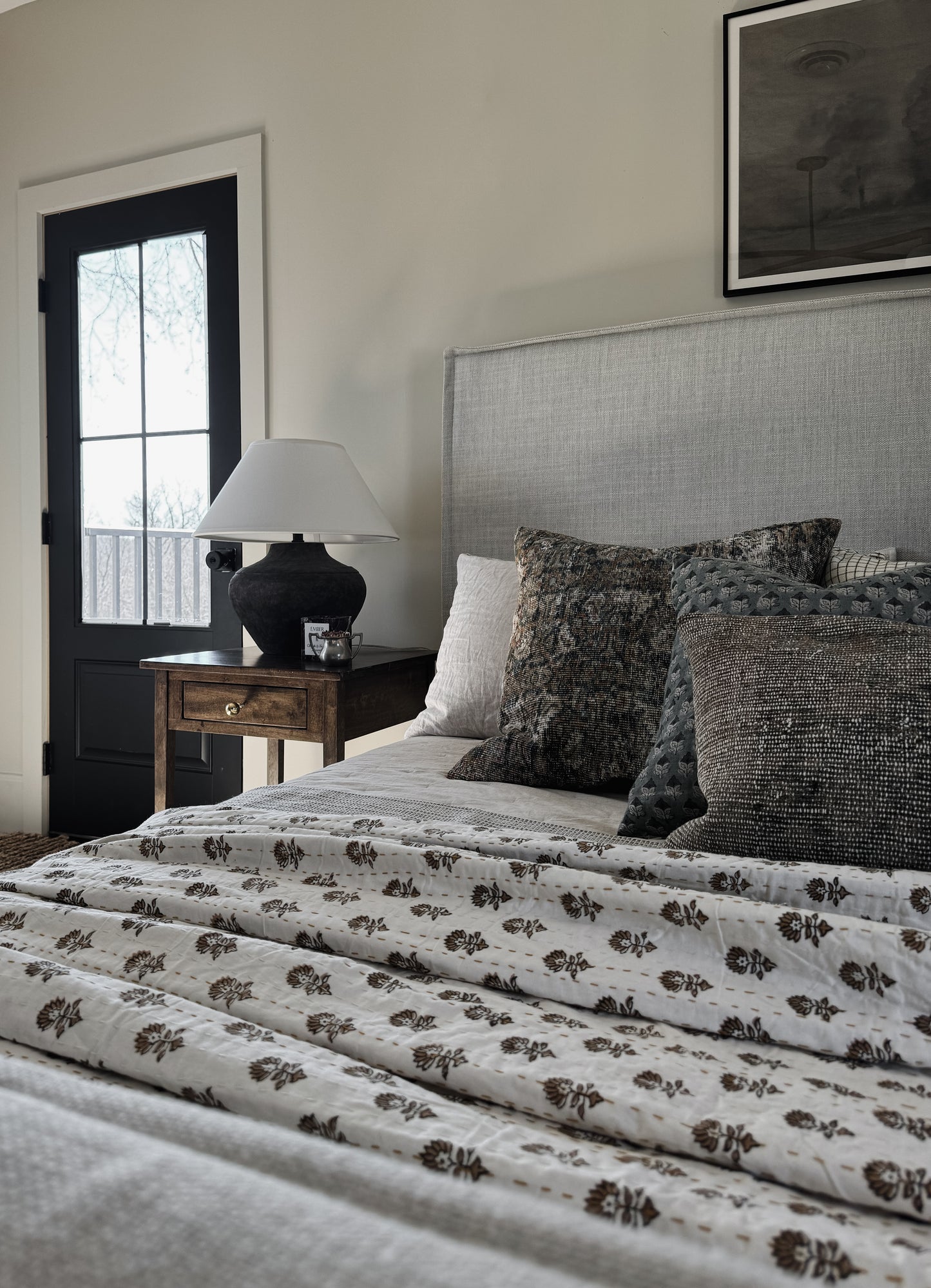 White Kantha Quilt with Brown Floral Block print motifs made by Ornate Handicrafts! Perfect for spring summer bedroom decor.