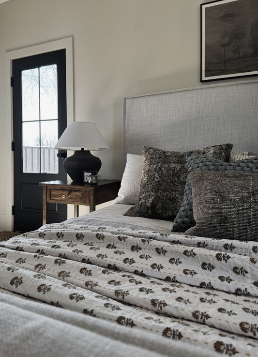 White Kantha Quilt with Brown Floral Block print motifs made by Ornate Handicrafts! Perfect for spring summer bedroom decor.