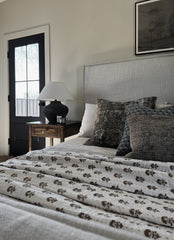 White Kantha Quilt with Brown Floral Block print motifs made by Ornate Handicrafts! Perfect for spring summer bedroom decor.