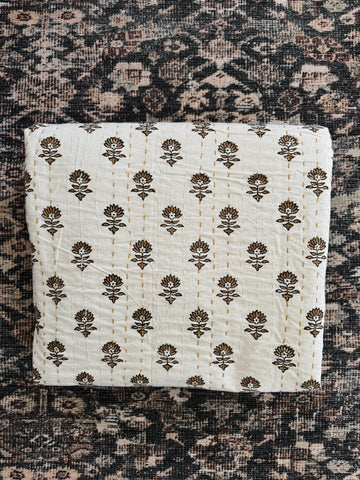 White Kantha Quilt with Brown Floral Block print motifs made by Ornate Handicrafts! Perfect for spring summer bedroom decor.