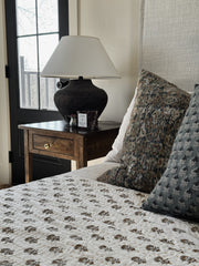 White Kantha Quilt with Brown Floral Block print motifs made by Ornate Handicrafts! Perfect for spring summer bedroom decor.