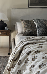 White Kantha Quilt with Brown Floral Block print motifs made by Ornate Handicrafts! Perfect for spring summer bedroom decor.