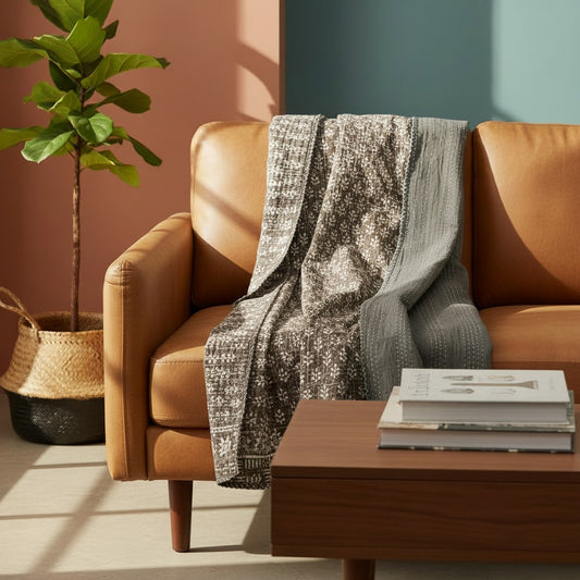 Handmade cotton Kantha throw blanket in a sun-drenched Afro-Boho living room