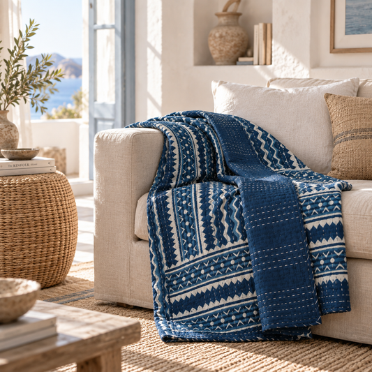 Indigo Stripes Kantha Quilt