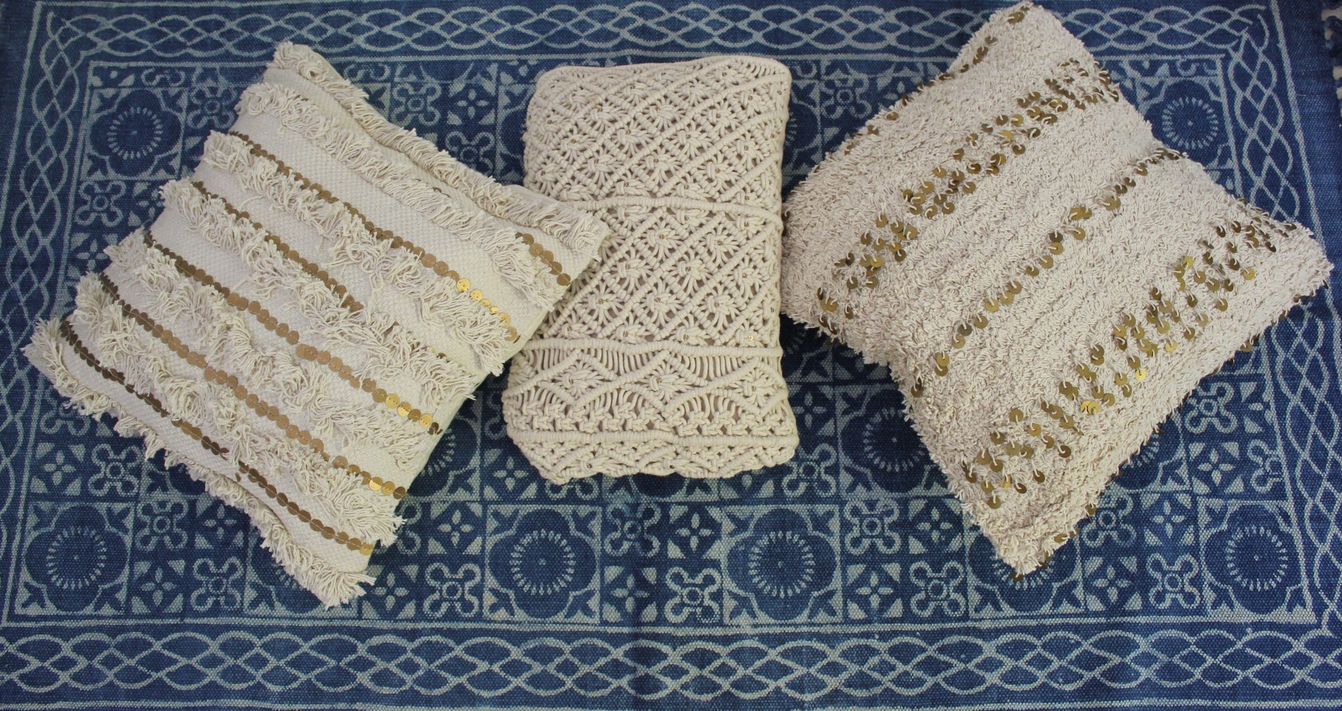 Ornate handicrafts Boho cushions, scandinavian nordic style, bohemian decor, handwoven, artisan made, sofa cushion, India, indigo, Throw, couch, sofa cover, 18"