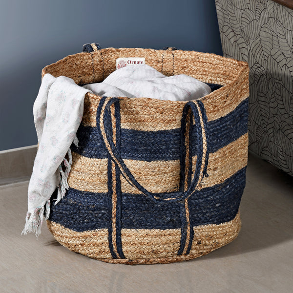Navy Jute Woven Laundry Basket(Round)