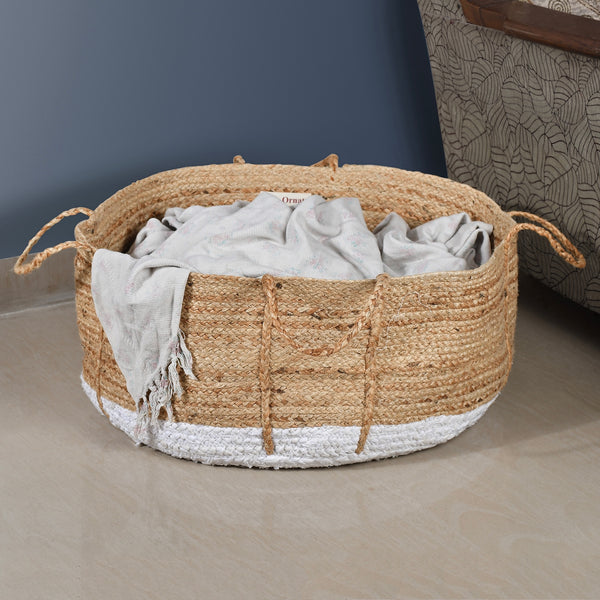 White Jute Woven Laundry Basket
