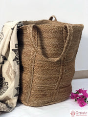 XL Stripes  Woven Jute Basket Round
