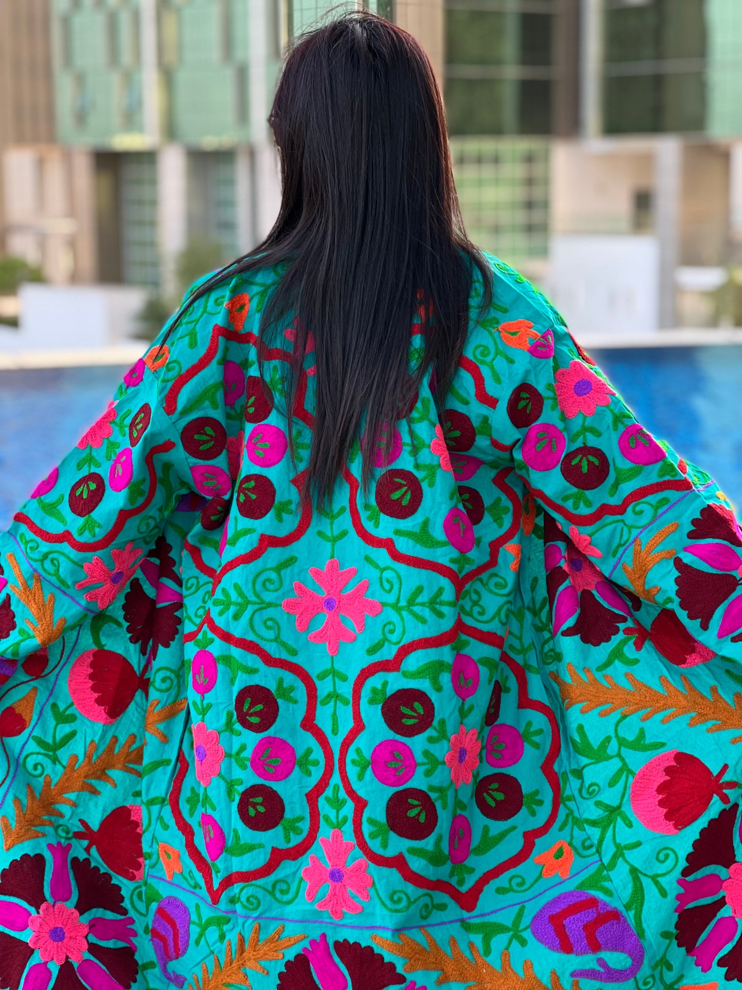 Blue Embroidered Long Kimono Coat by Ornate Handicrafts