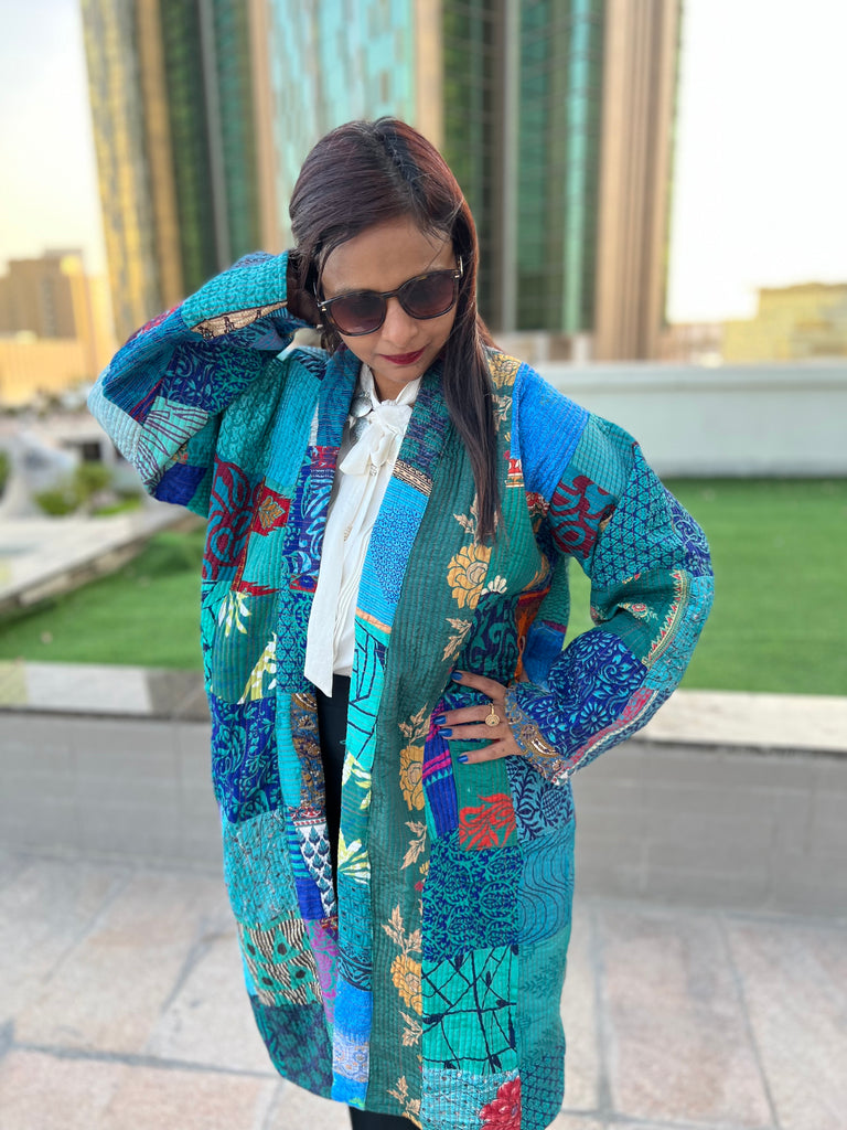 Blue Silk Patchwork Quilted Kimono Jacket