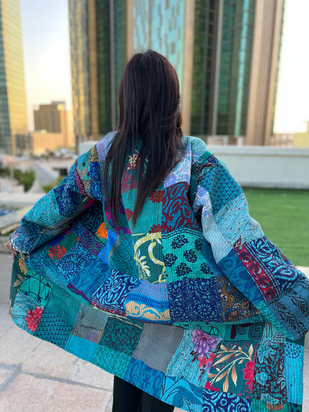 Blue Silk Patchwork Quilted Kimono Jacket
