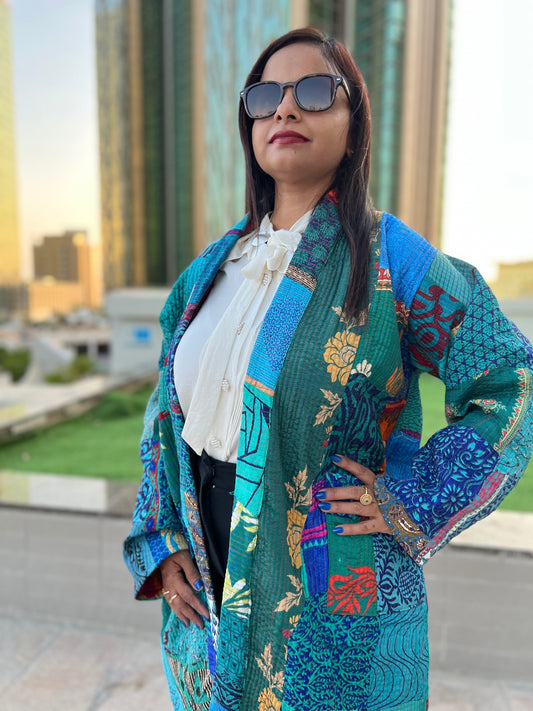 Patchwork Blue Kimono Quilted Jacket