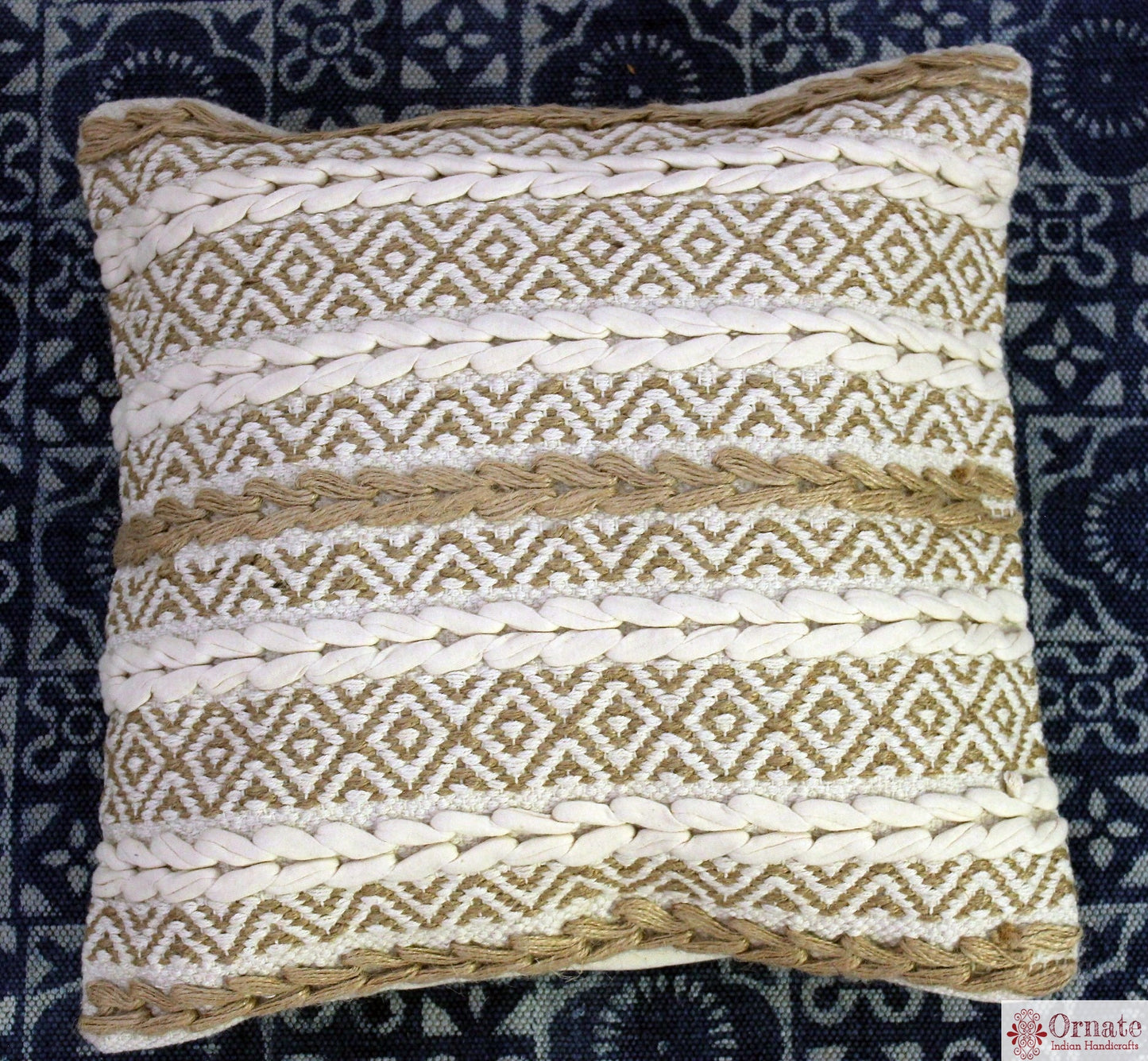 Ornate handicrafts Boho cushions, scandinavian nordic style, bohemian decor, handwoven, artisan made, sofa cushion, India, indigo, Throw, couch, sofa cover, 18"