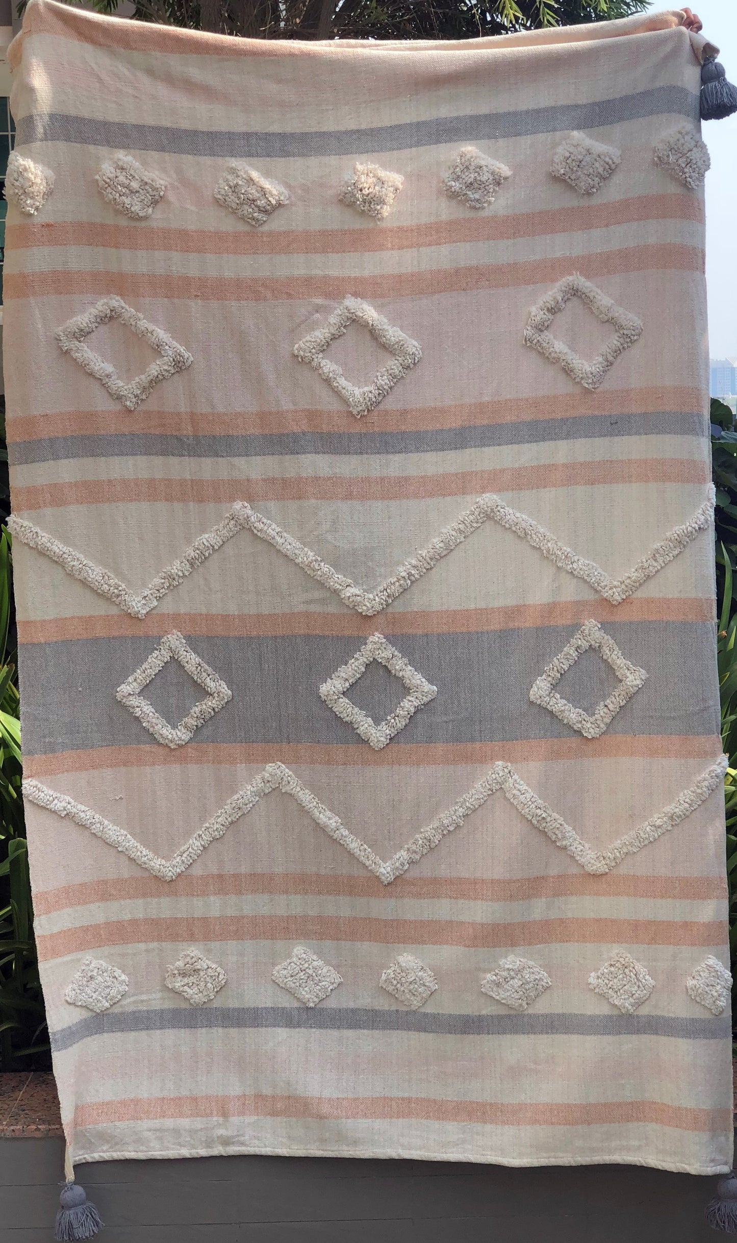 Tufted Grey Pompom Throw Blanket,