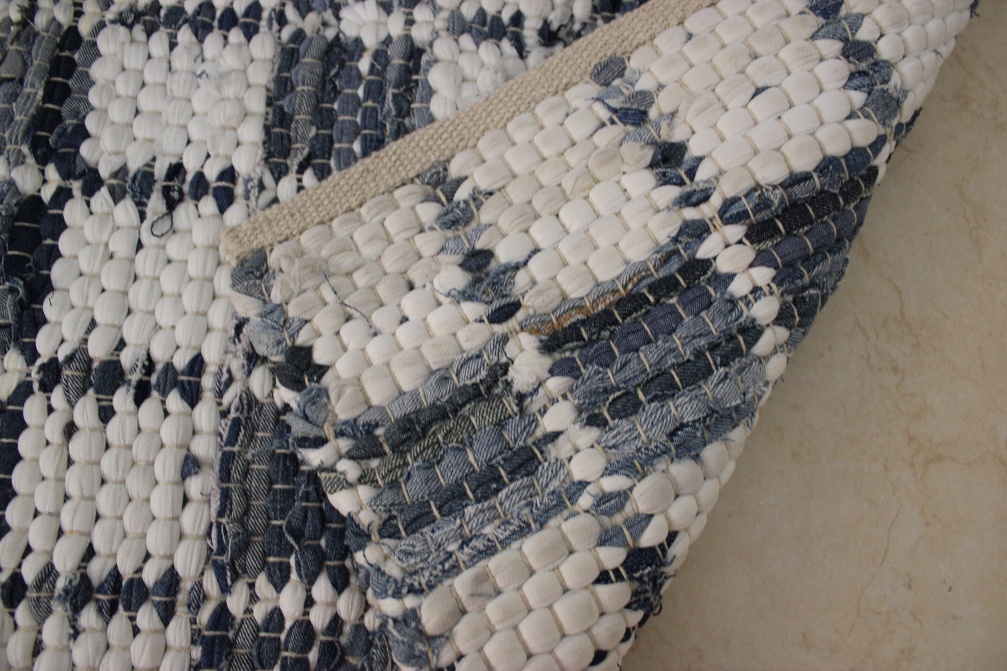 Ornate handicrafts, Upcycled Denim rug, boho chic decor , handwoven, Indian artisans	Upcycled rugs, recycle, sustainable