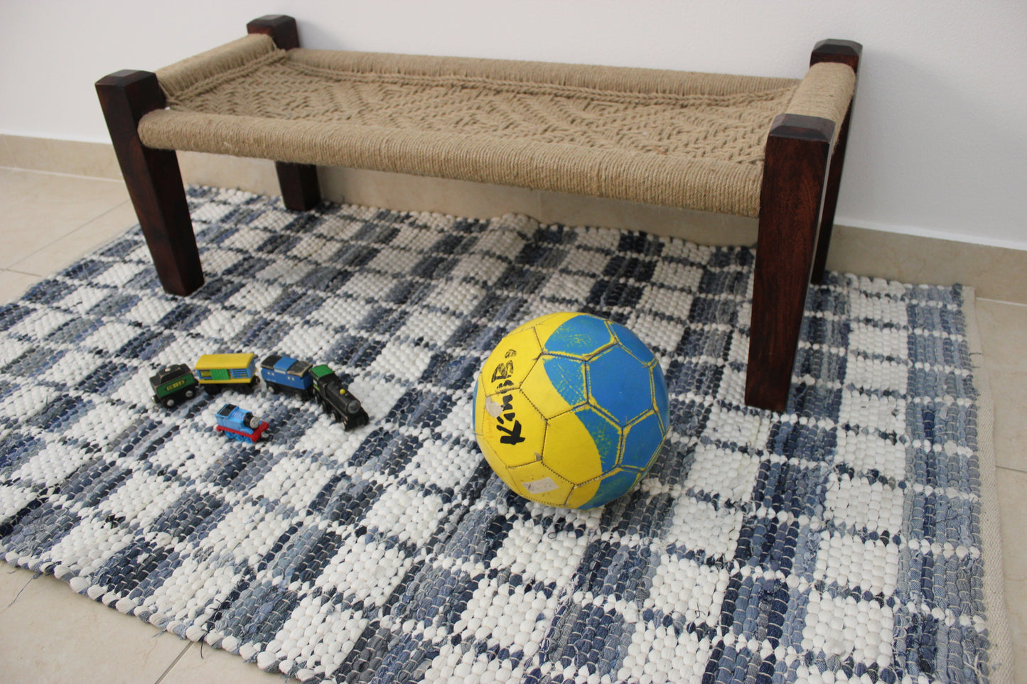 Ornate handicrafts, Upcycled Denim rug, boho chic decor , handwoven, Indian artisans	Upcycled rugs, recycle, sustainable