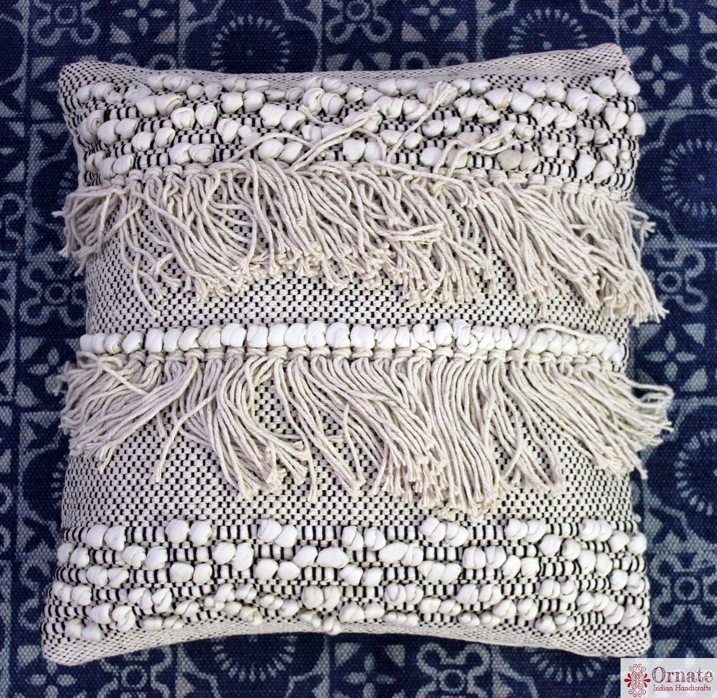 Ornate handicrafts Boho cushions, scandinavian nordic style, bohemian decor, handwoven, artisan made, sofa cushion, India, indigo, Throw, couch, sofa cover, 18"