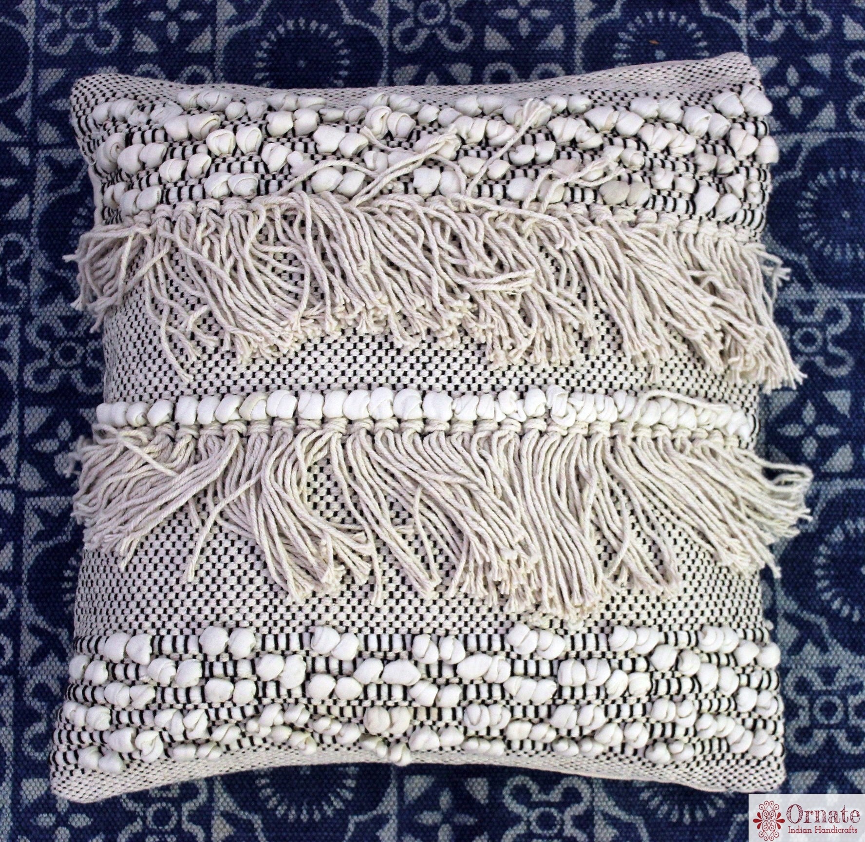Ornate handicrafts Boho cushions, scandinavian nordic style, bohemian decor, handwoven, artisan made, sofa cushion, India, indigo, Throw, couch, sofa cover, 18"