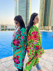 Green Long Embroidered Kimono Coat by Ornate Handicrafts