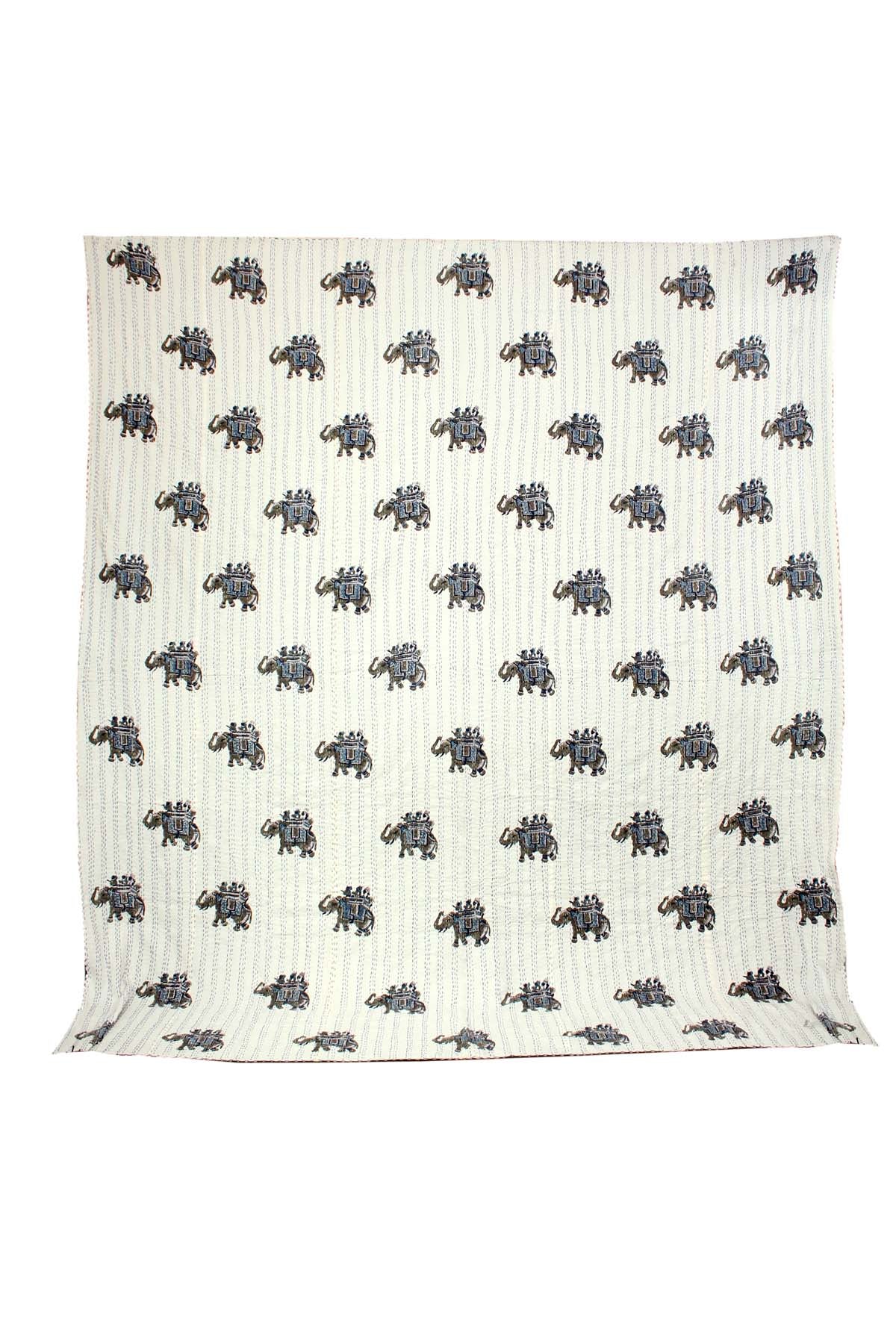 Hand Stitched Kantha Quilt with block printed Elephant motifs by Ornate Handicrafts