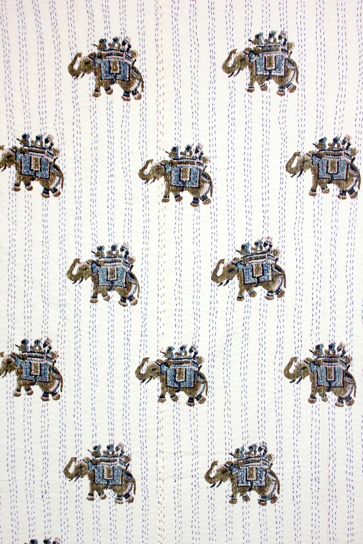 Hand Stitched Kantha Quilt with block printed Elephant motifs by Ornate Handicrafts