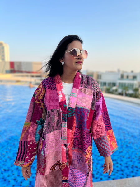 Pink Patchwork Quilted Kimono Jacket
