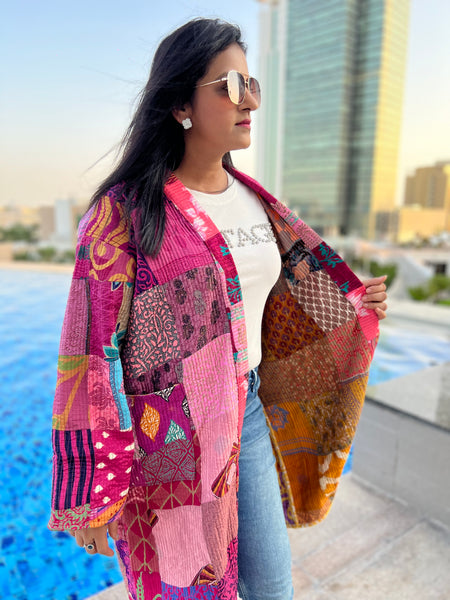 Pink Patchwork Quilted Kimono Jacket