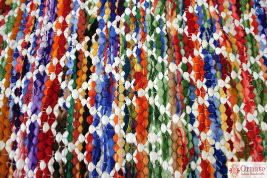 Upcycled Cotton chindi "chamak", round. boho chic decor , handwoven, Indian artisans	Upcycled rugs, recycle, sustainable