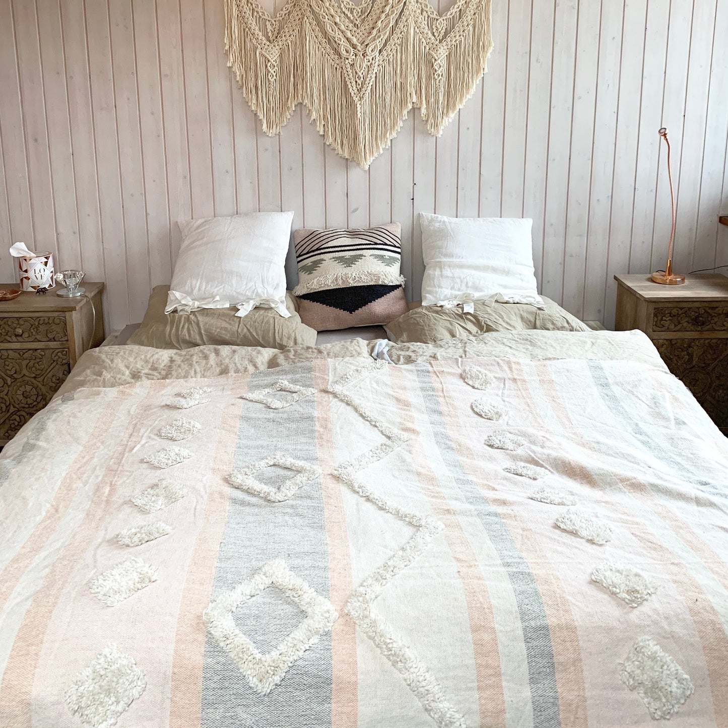 Tufted Grey Pompom Throw Blanket,