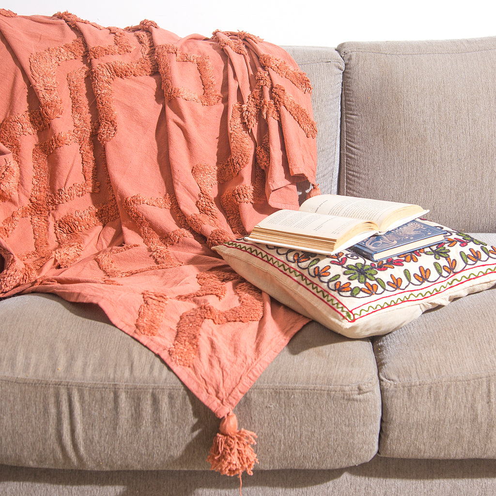 Rust Tufted Throw with Tassels Artisan made Fair trade by Ornate